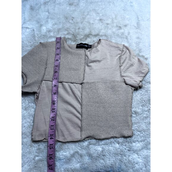 PrettyLittleThing Womens Patchwork Short Sleeve Knit Top Size 4 Beige - Picture 5 of 5